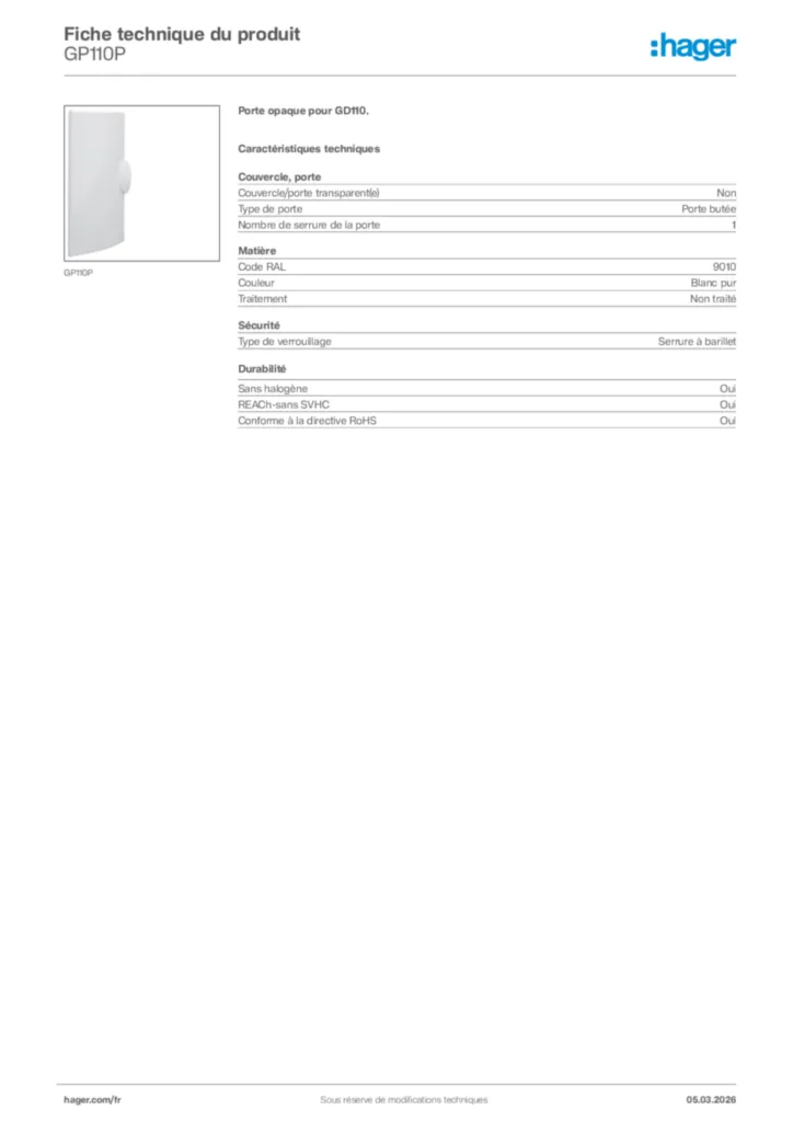 Image Hager Fiche technique du produit GP110P | Hager France
