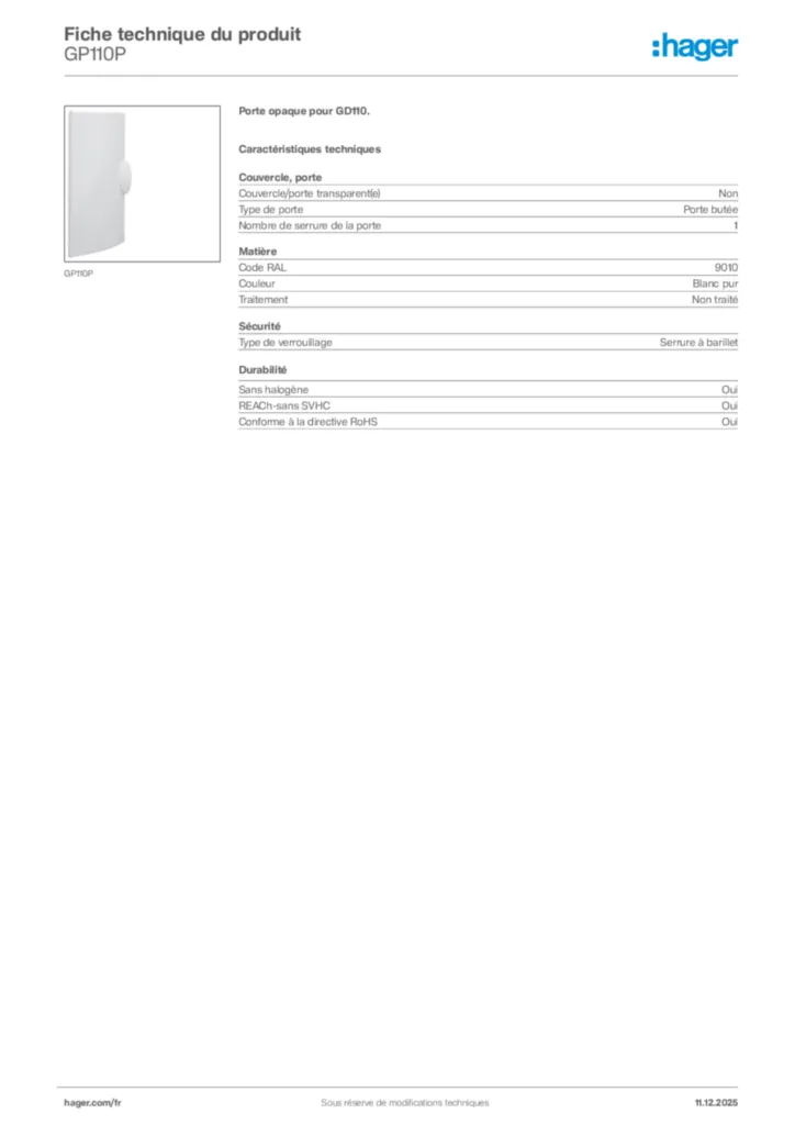 Image Hager Fiche technique du produit GP110P | Hager France