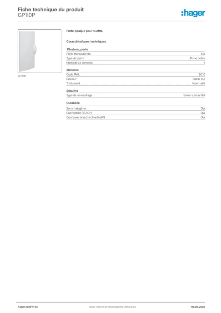 Image Hager Fiche technique du produit GP110P | Hager Belgique