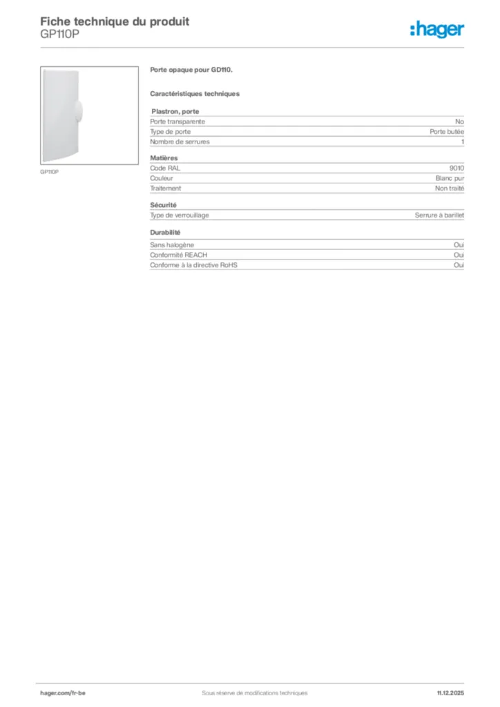 Image Hager Fiche technique du produit GP110P | Hager Belgique