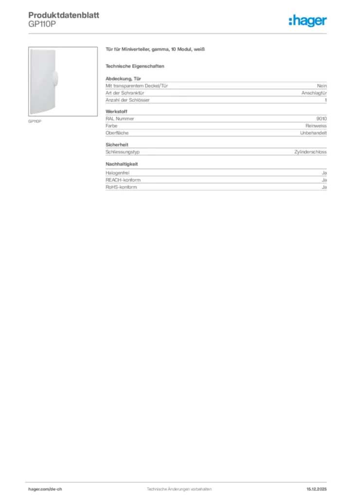 Bild Hager Produktdatenblatt GP110P | Hager Schweiz