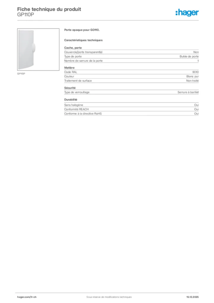 Image Hager Fiche technique du produit GP110P | Hager Suisse