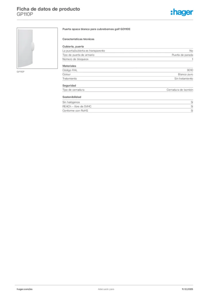 Imagen Hager Ficha de datos de producto GP110P | Hager España