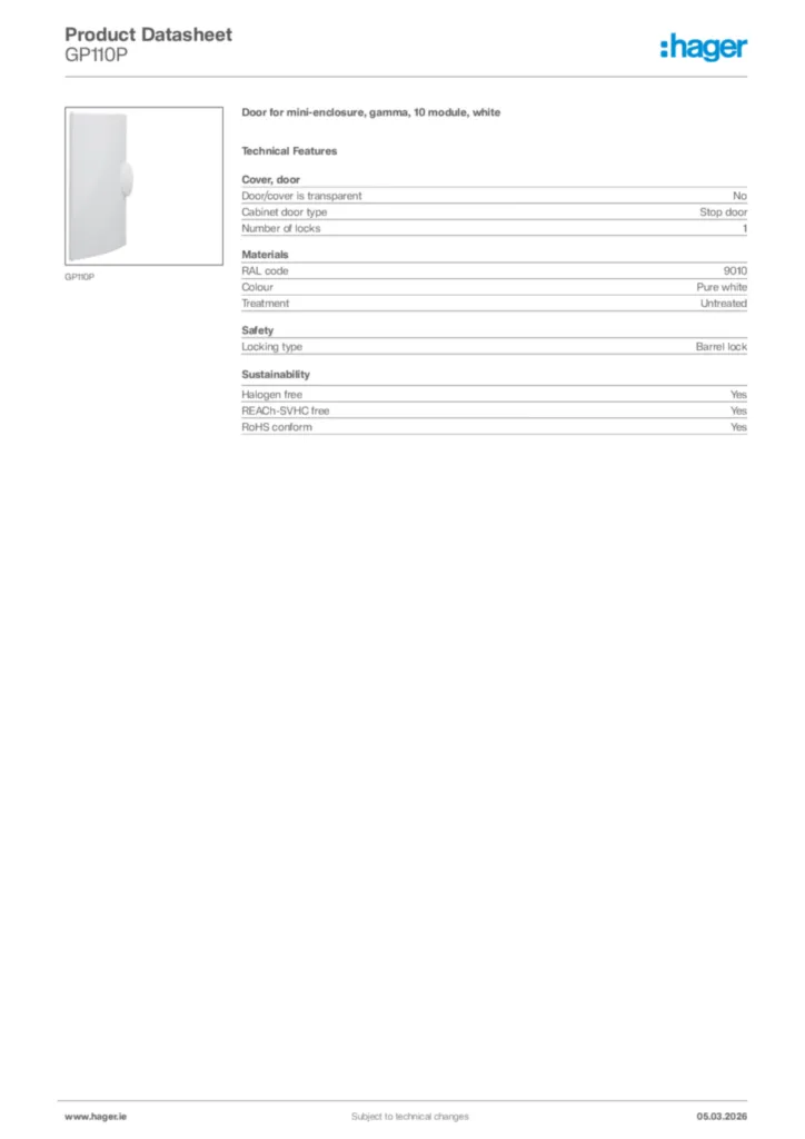 Image Hager Product data sheet GP110P  | Hager