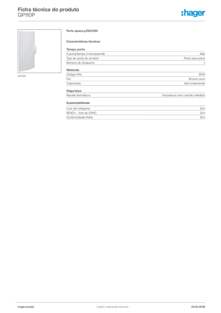 Imagem Hager Ficha técnica do produto GP110P | Hager Portugal