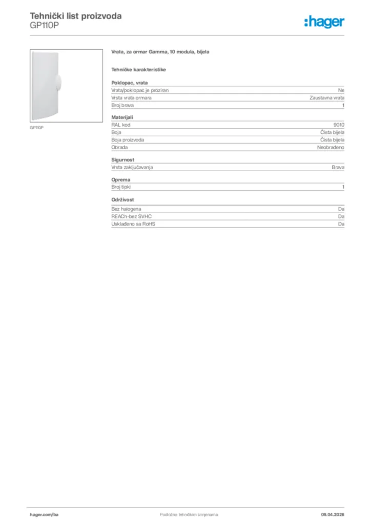 Slika Hager Tehnički list proizvoda GP110P  | Hager