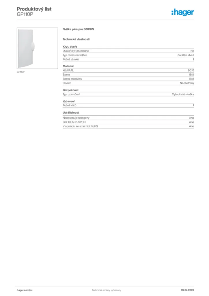 Obrázek Hager Product data sheet GP110P | Hager