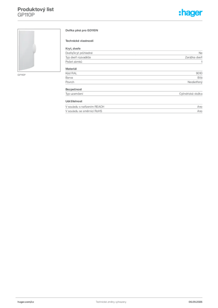 Obrázek Hager Produktový list GP110P | Hager