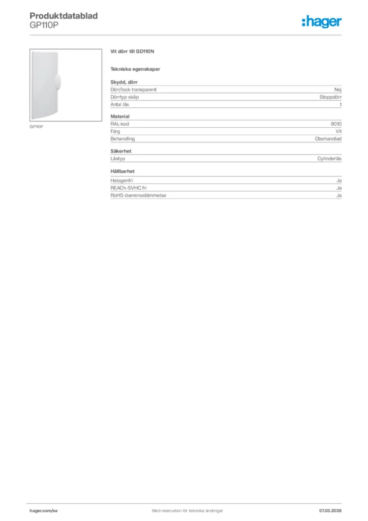 Bild Hager Produktdatablad GP110P | Hager Sverige
