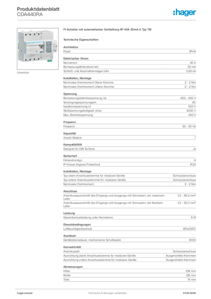 Bild Hager Produktdatenblatt CDA440RA | Hager Deutschland