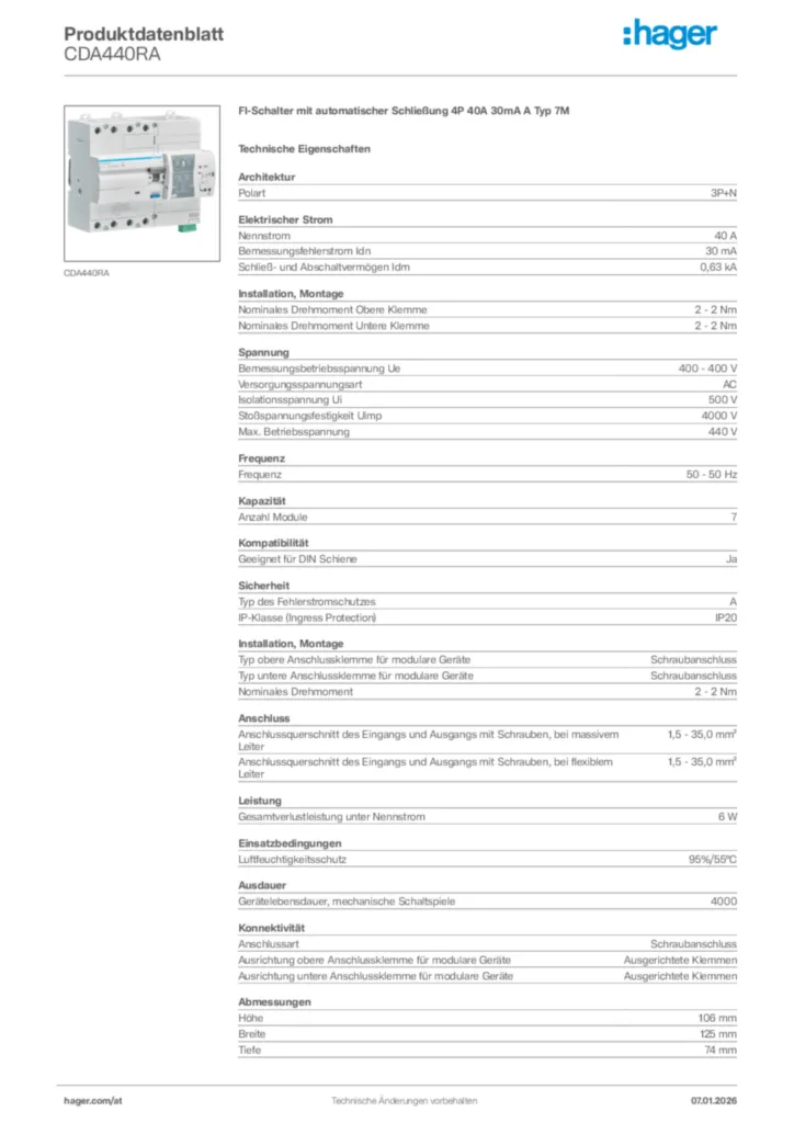Bild Hager Produktdatenblatt CDA440RA | Hager Deutschland