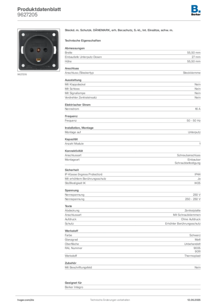 Bild Berker Produktdatenblatt 9627205 | Hager Deutschland
