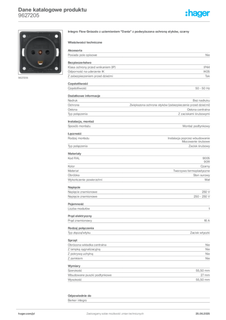 Zdjęcie Hager Karta katalogowa 9627205 | Hager Polska