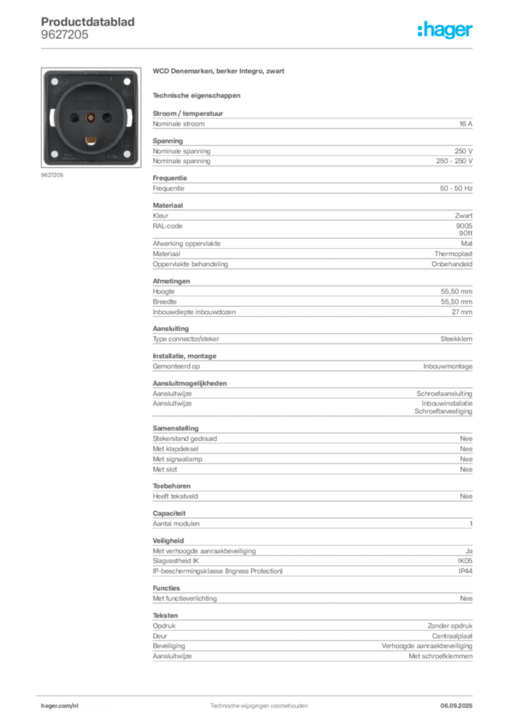 Afbeelding Hager Productdatablad 9627205 | Hager Nederland