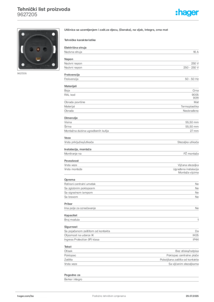 Slika Hager Product data sheet 9627205  | Hager