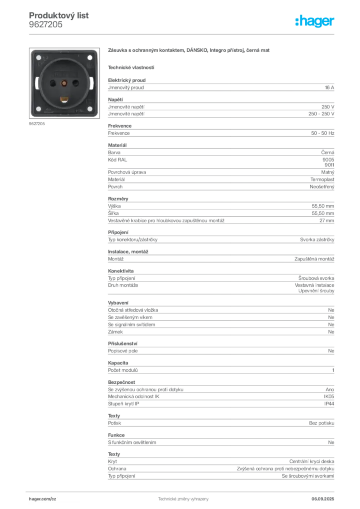 Obrázek Hager Produktový list 9627205 | Hager