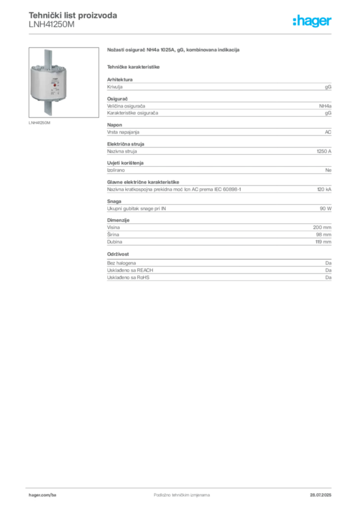 Slika Hager Product data sheet LNH41250M  | Hager