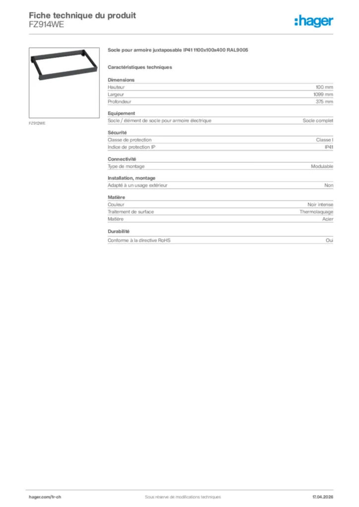 Image Hager Fiche technique du produit FZ914WE | Hager Suisse