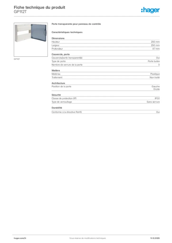 Image Hager Fiche technique du produit GP112T | Hager France