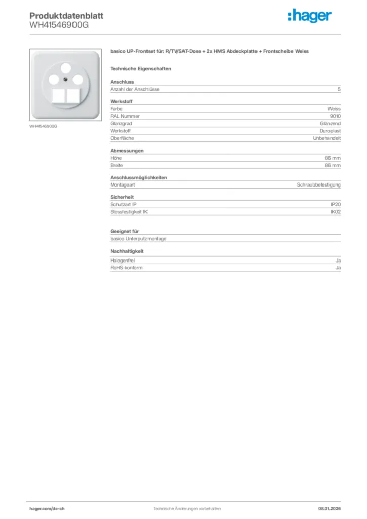 Bild Hager Produktdatenblatt WH41546900G | Hager Schweiz