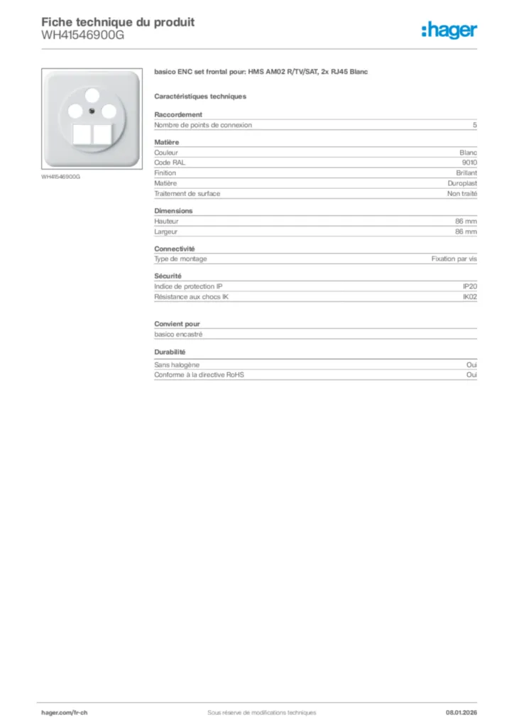 Image Hager Fiche technique du produit WH41546900G | Hager Suisse