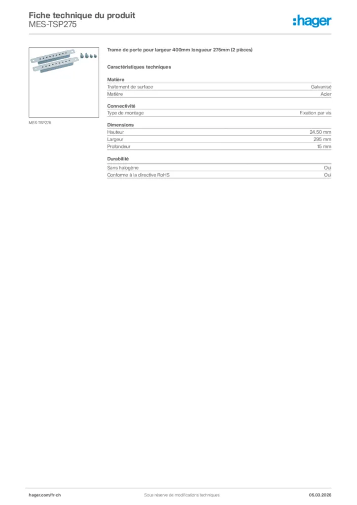 Image Hager Fiche technique du produit MES-TSP275 | Hager Suisse