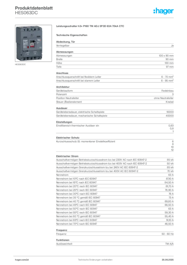 Bild Hager Produktdatenblatt HES063DC | Hager Deutschland