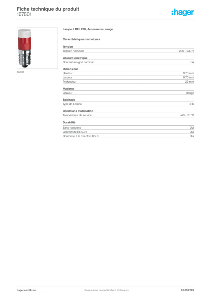 Image Hager Fiche technique du produit 167801 | Hager Belgique