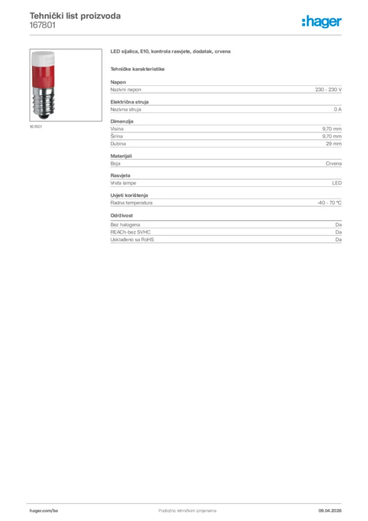 Slika Hager Tehnički list proizvoda 167801  | Hager