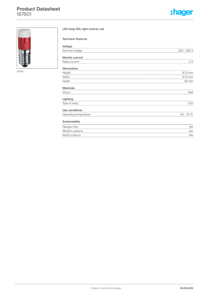 Image Hager Product data sheet 167801  | Hager