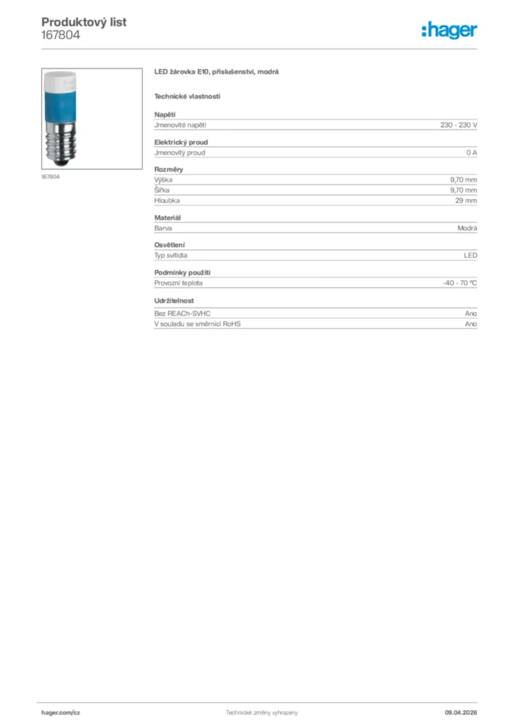 Obrázek Hager Product data sheet 167804 | Hager