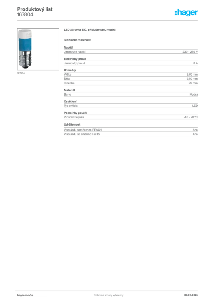 Obrázek Hager Produktový list 167804 | Hager