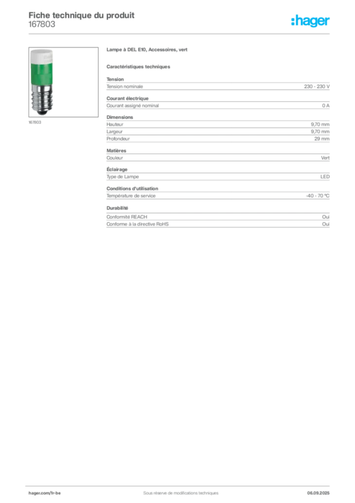 Image Hager Fiche technique du produit 167803 | Hager Belgique