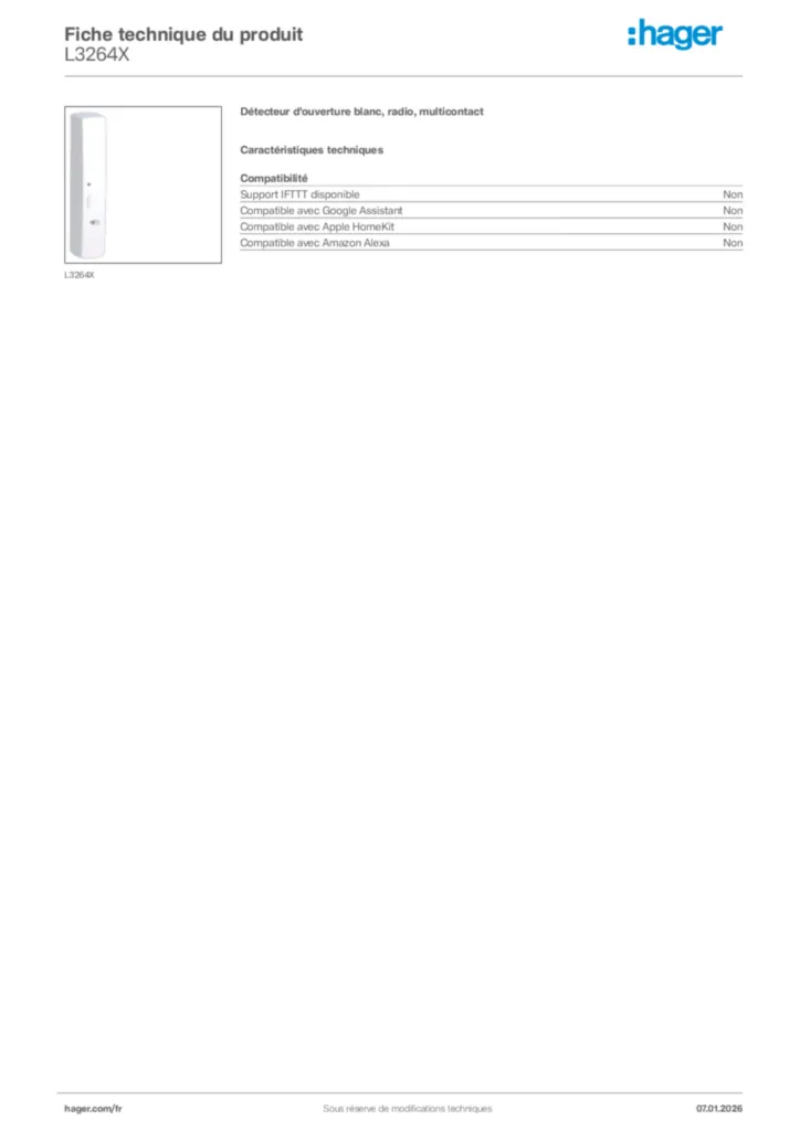 Image Hager Fiche technique du produit L3264X | Hager France