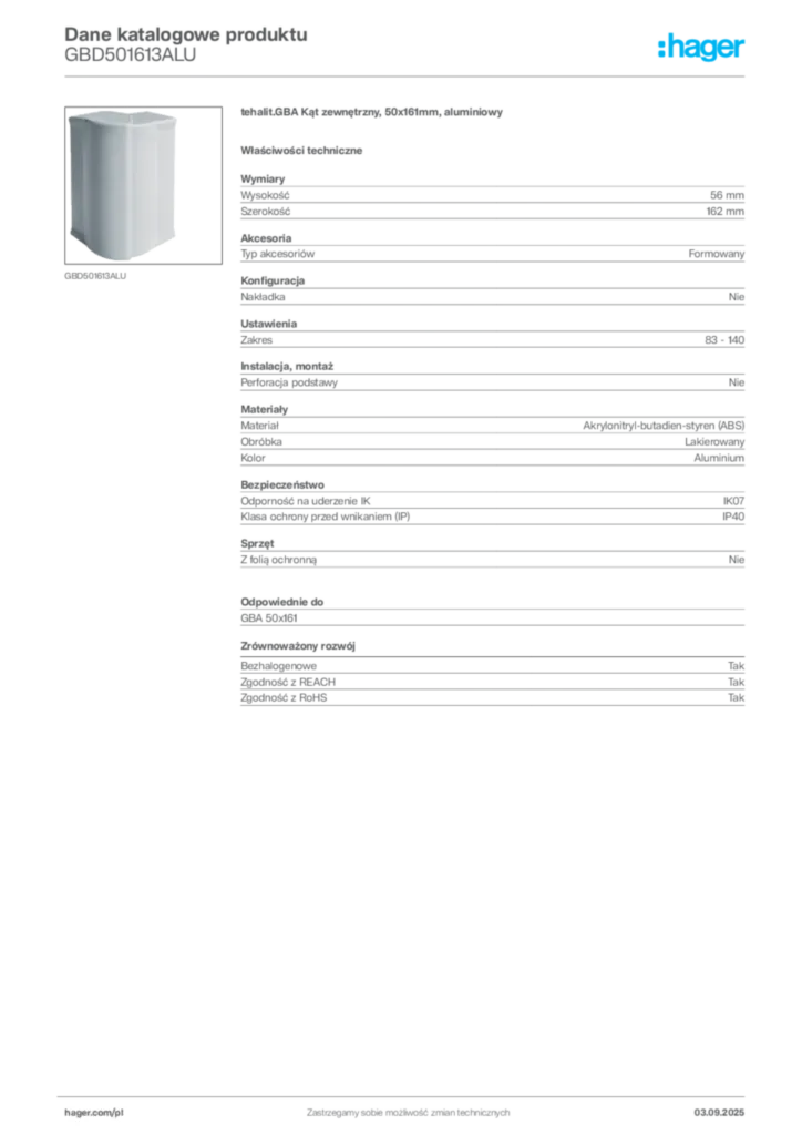 Zdjęcie Hager Karta katalogowa GBD501613ALU | Hager Polska