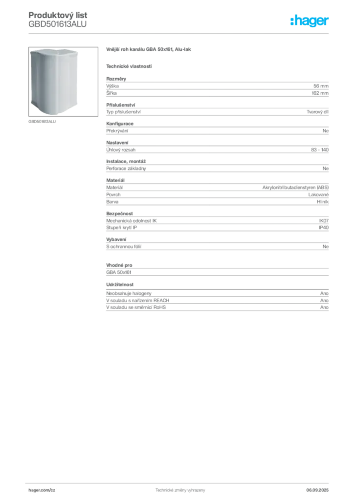 Obrázek Hager Produktový list GBD501613ALU | Hager