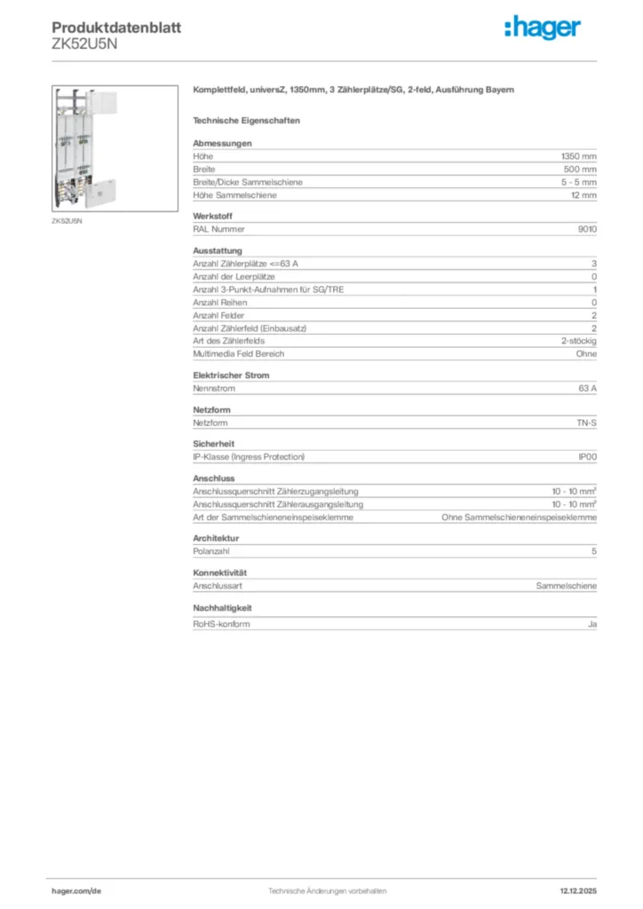 Bild Hager Produktdatenblatt ZK52U5N | Hager Deutschland