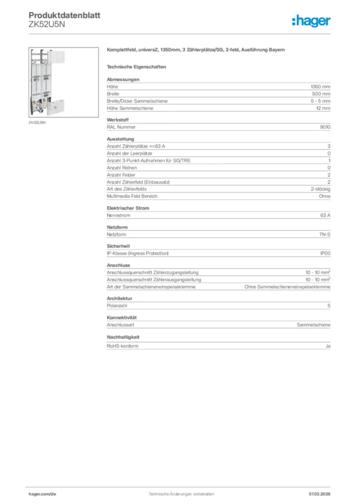 Bild Hager Produktdatenblatt ZK52U5N | Hager Deutschland