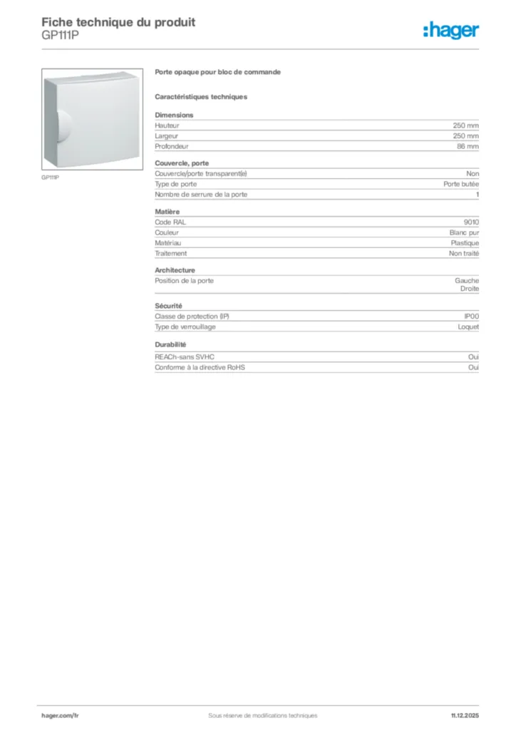 Image Hager Fiche technique du produit GP111P | Hager France