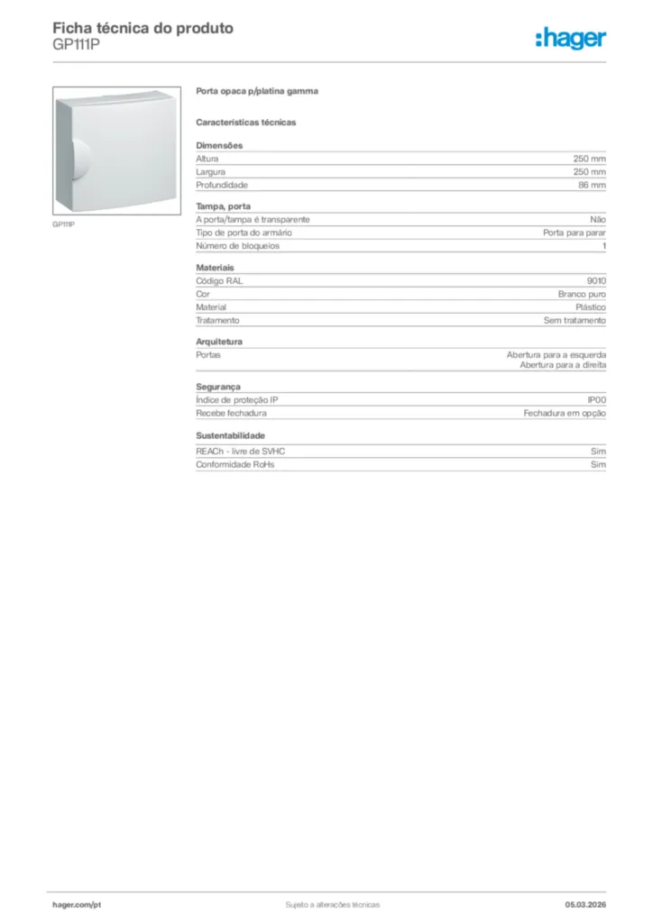 Imagem Hager Ficha técnica do produto GP111P | Hager Portugal