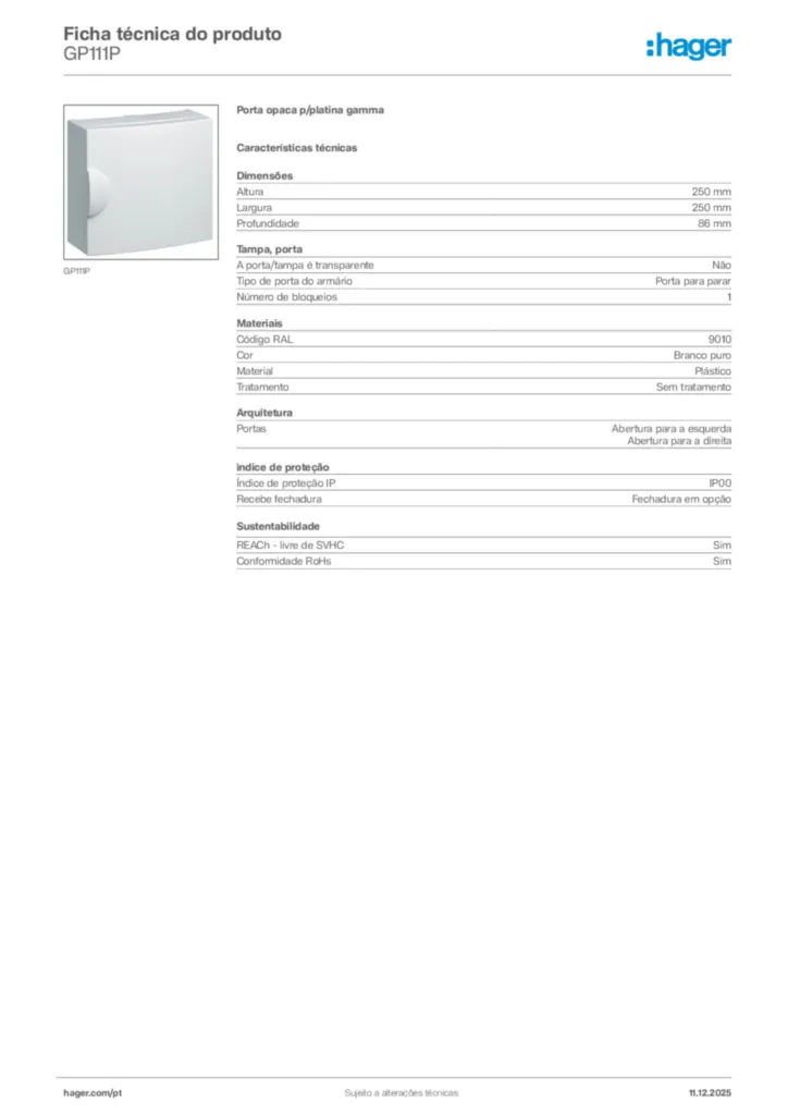 Imagem Hager Ficha técnica do produto GP111P | Hager Portugal