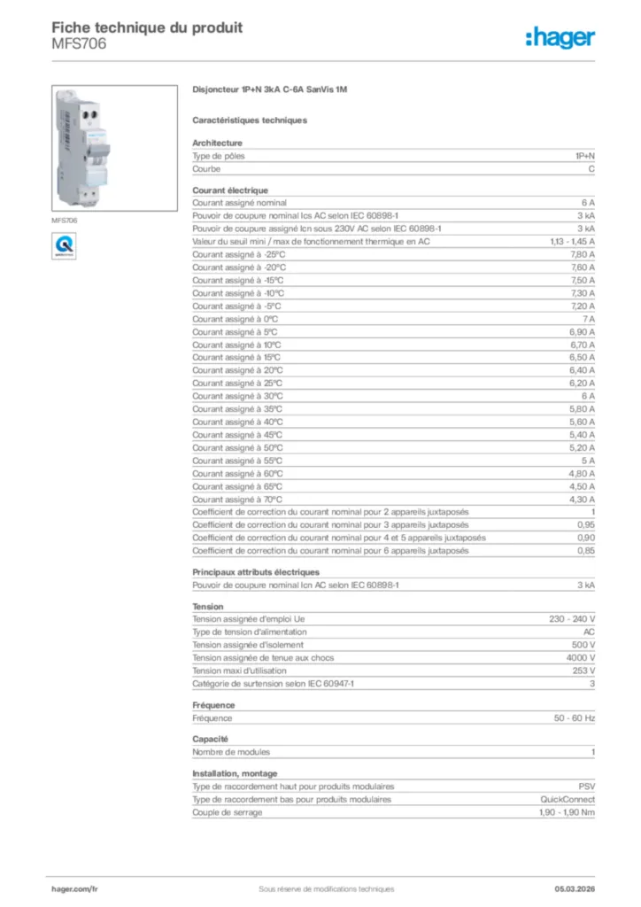 Image Hager Fiche technique du produit MFS706 | Hager France