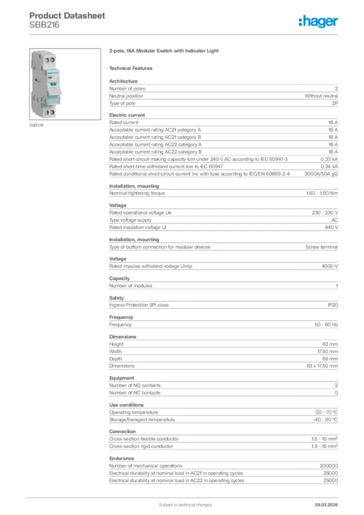 Image Hager Product data sheet SBB216  | Hager Africa
