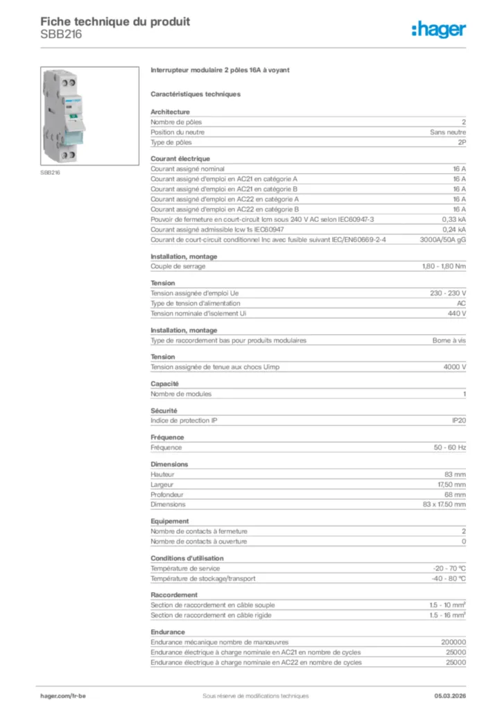 Image Hager Fiche technique du produit SBB216 | Hager Belgique