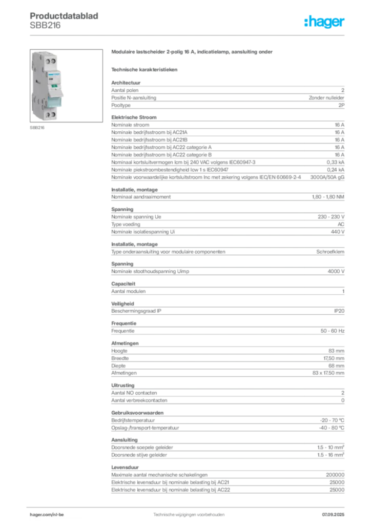 Afbeelding Hager Productdatablad SBB216 | Hager Belgium