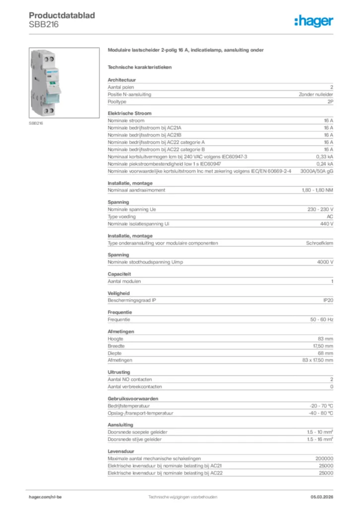 Afbeelding Hager Productdatablad SBB216 | Hager Belgium