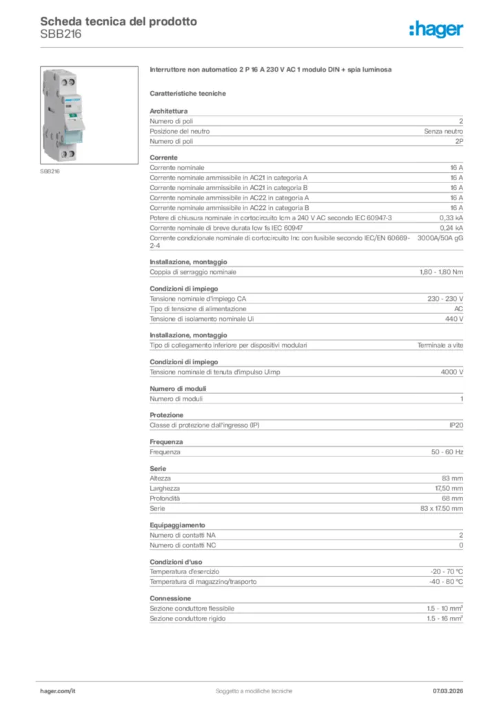 Immagine Hager Scheda tecnica del prodotto SBB216 | Hager Italia