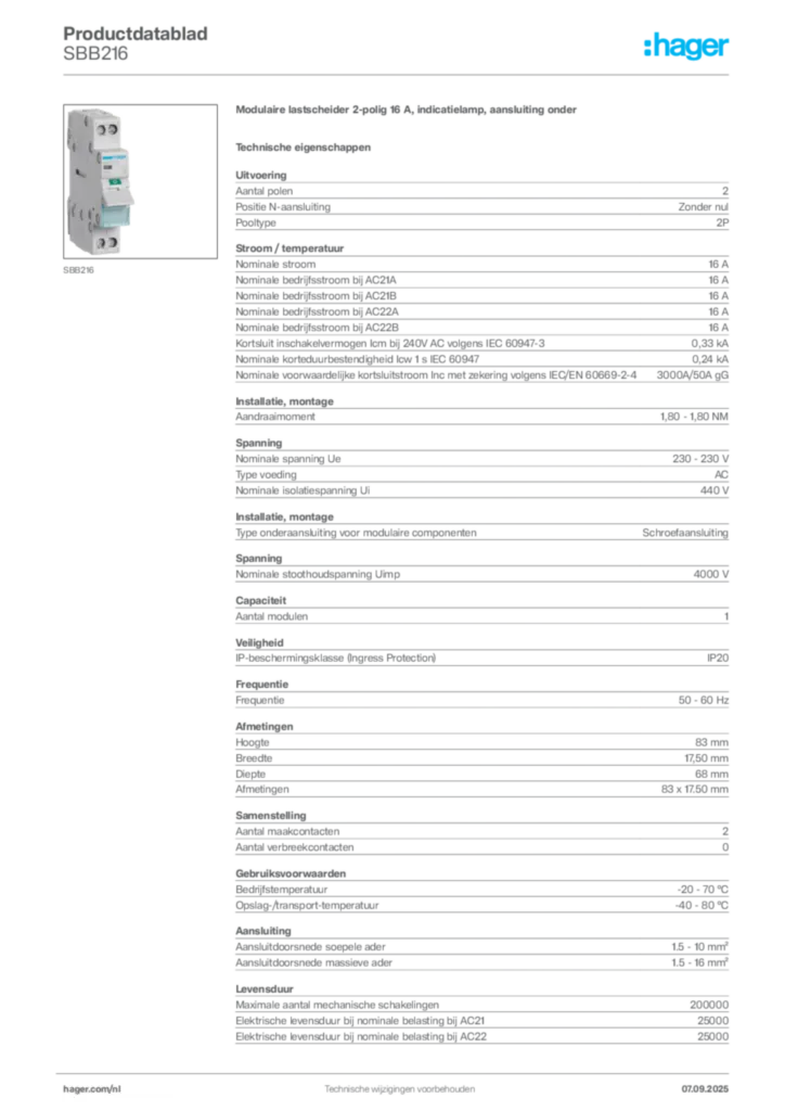 Afbeelding Hager Productdatablad SBB216 | Hager Nederland