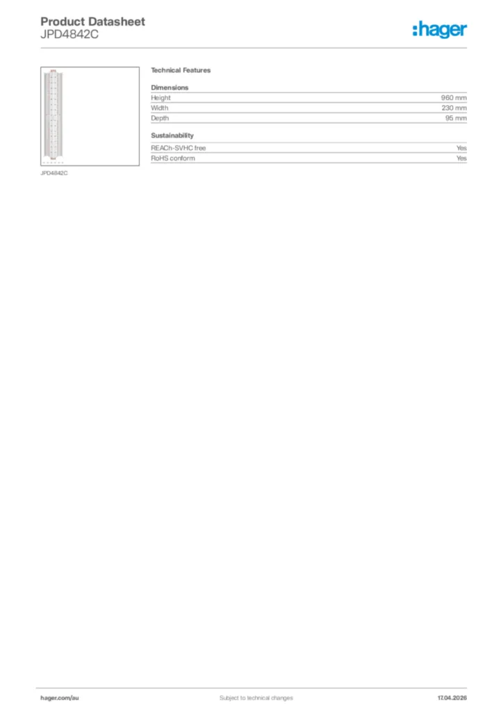 Image Hager Product data sheet JPD4842C  | Hager Australia