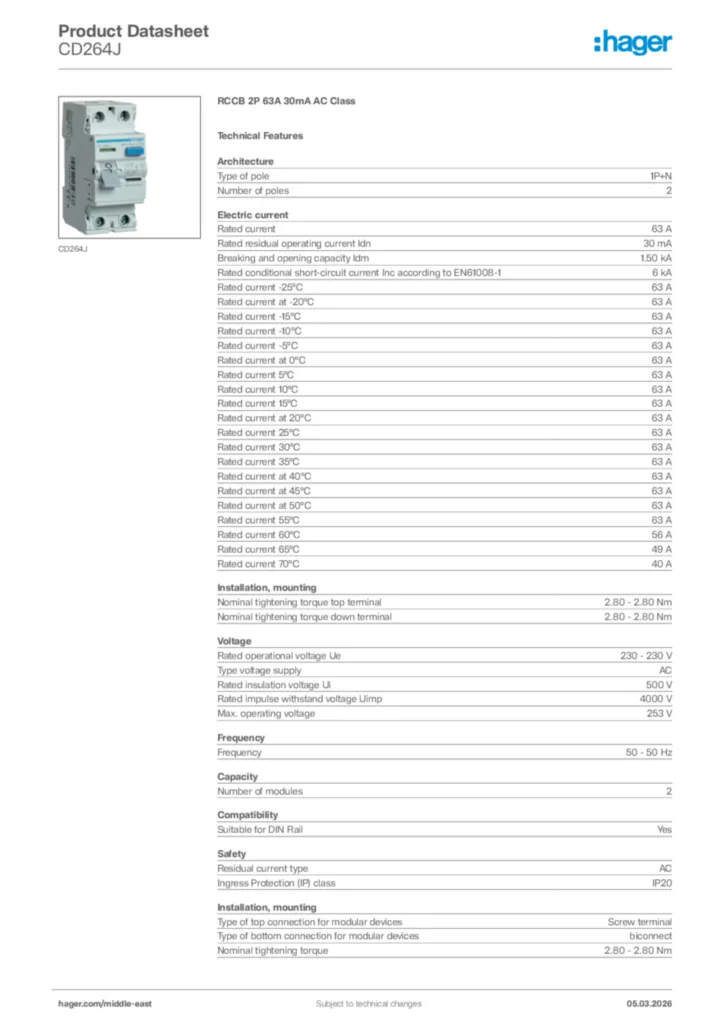 Image Hager Product data sheet CD264J  | Hager